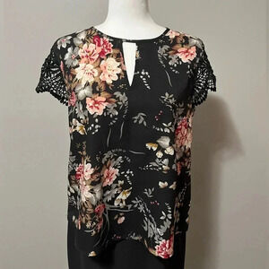 Shein Shirt Sleeve Floral Print  Crochet Lace Sleeve Blouse